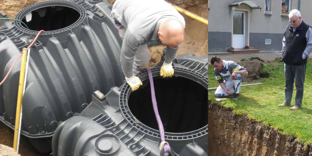 Rehhahn Bau leistet gute Vorplanung, damit eine abflusslose Sammelgrube bei Bedarf kostengünstig in eine Kleinkläranlage umgewandelt werden kann. Rehhahn Bau leistet gute Vorplanung, damit eine abflusslose Sammelgrube bei Bedarf kostengünstig in eine Kleinkläranlage umgewandelt werden kann.